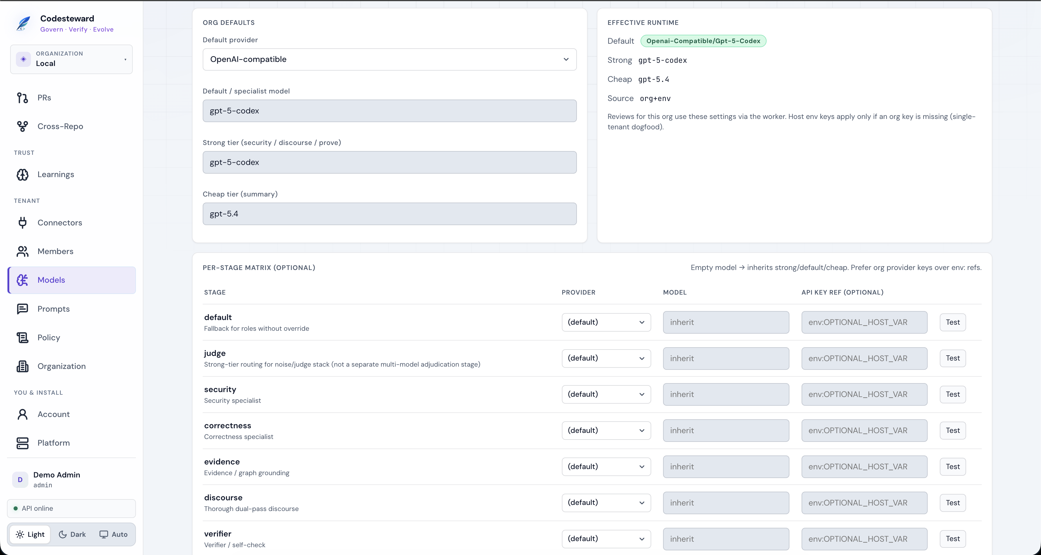 Org defaults and per-stage matrix