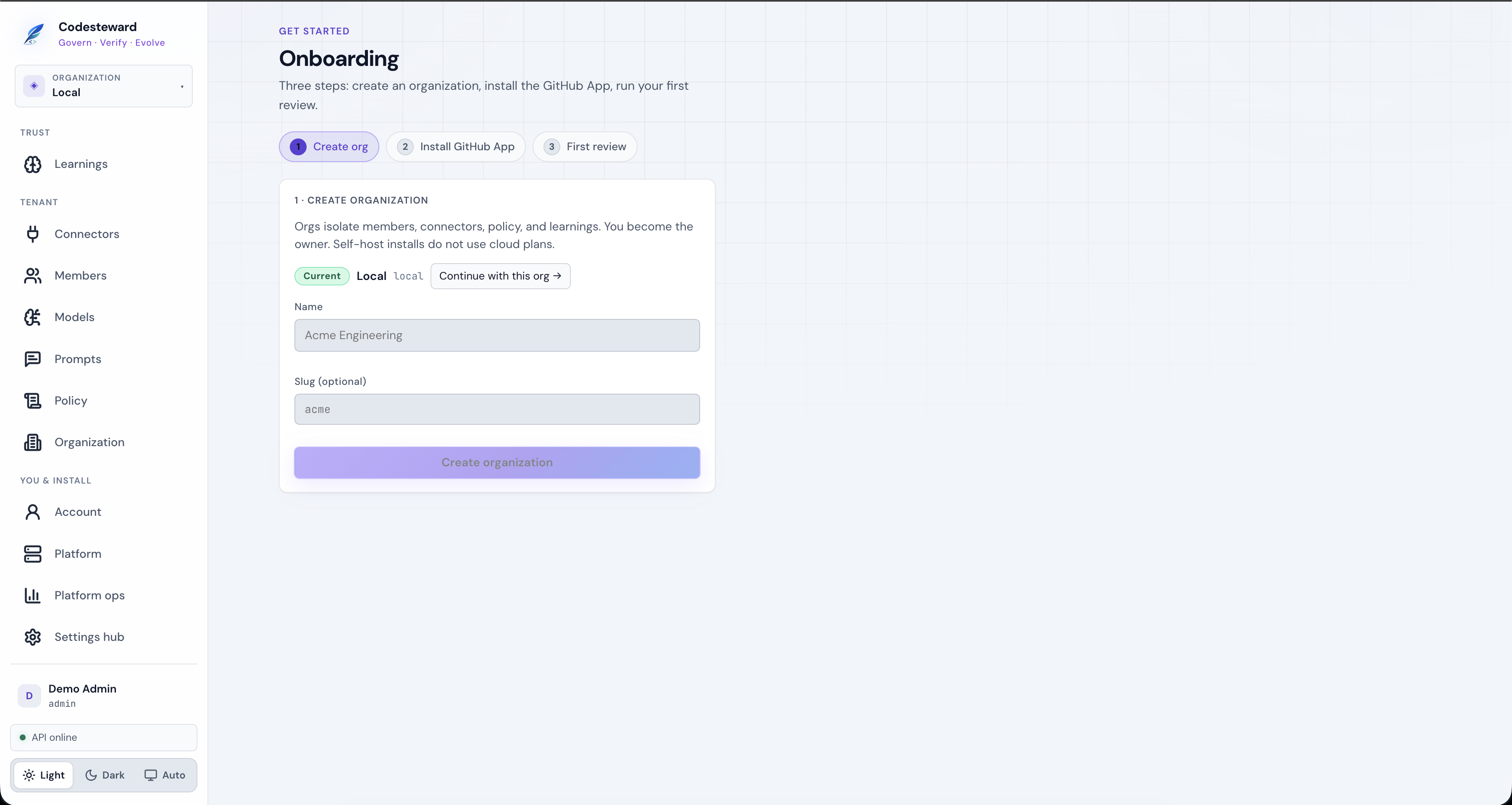 Onboarding — create organization