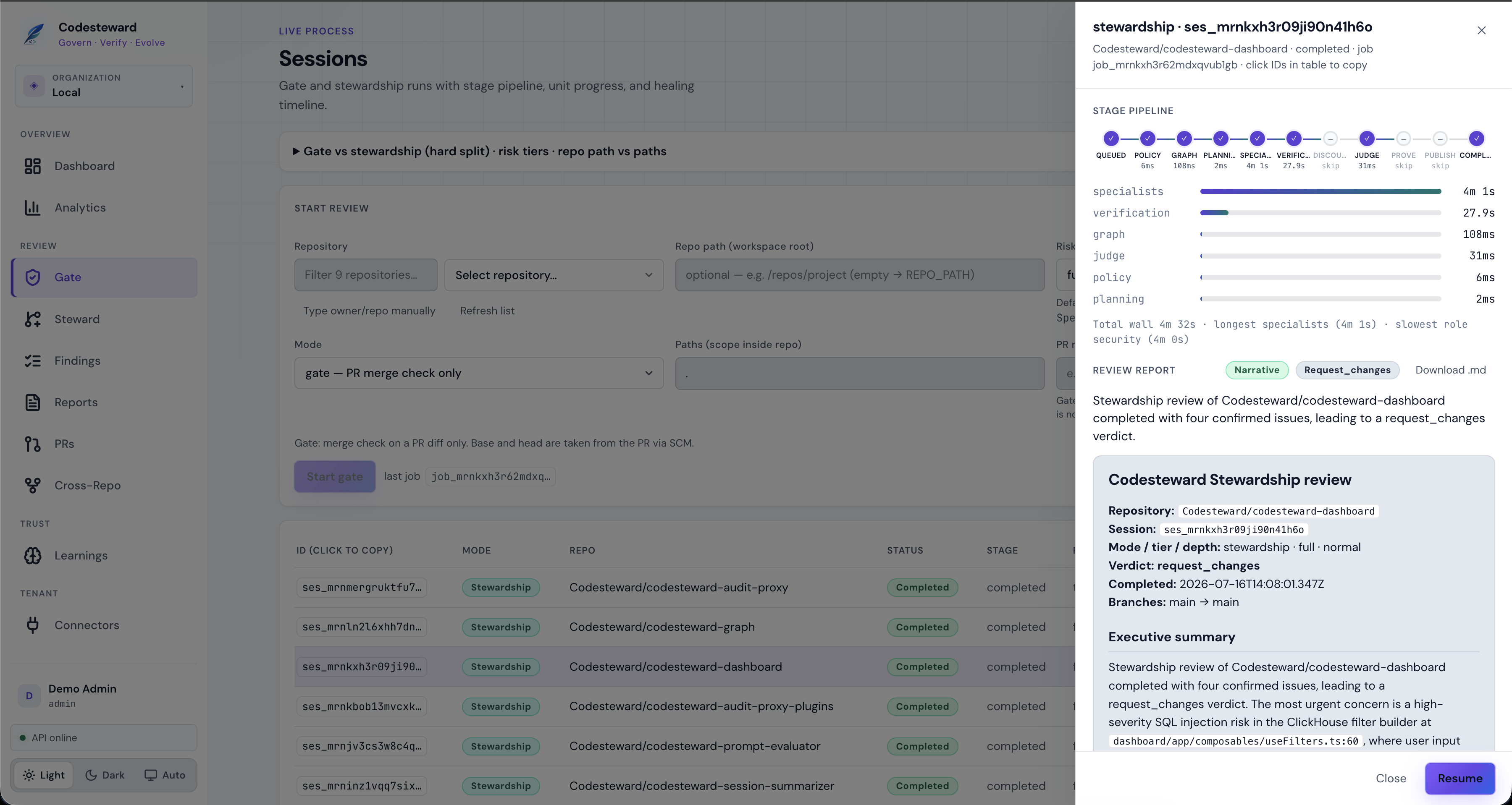 Session stage pipeline and review report