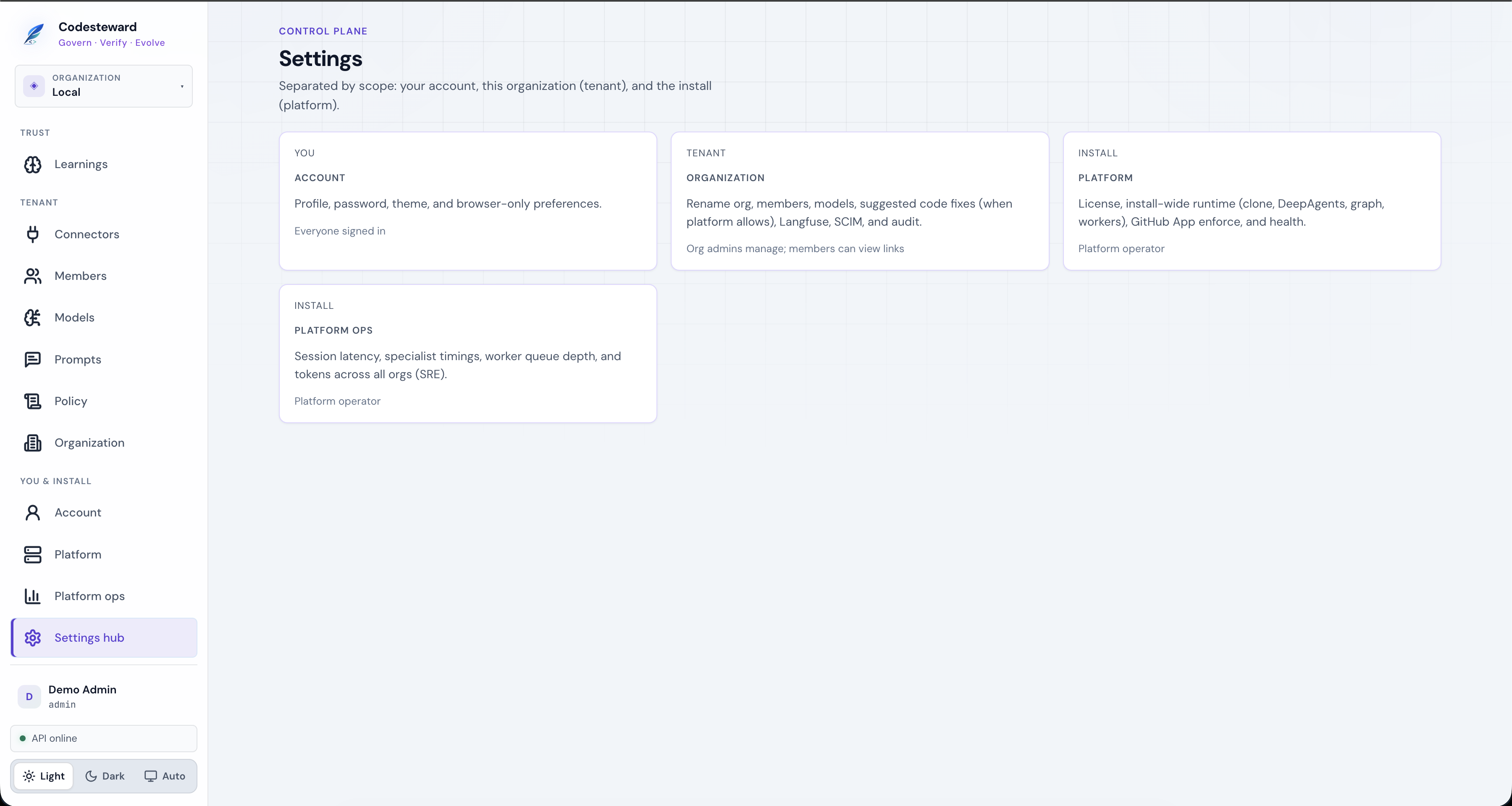 Settings hub